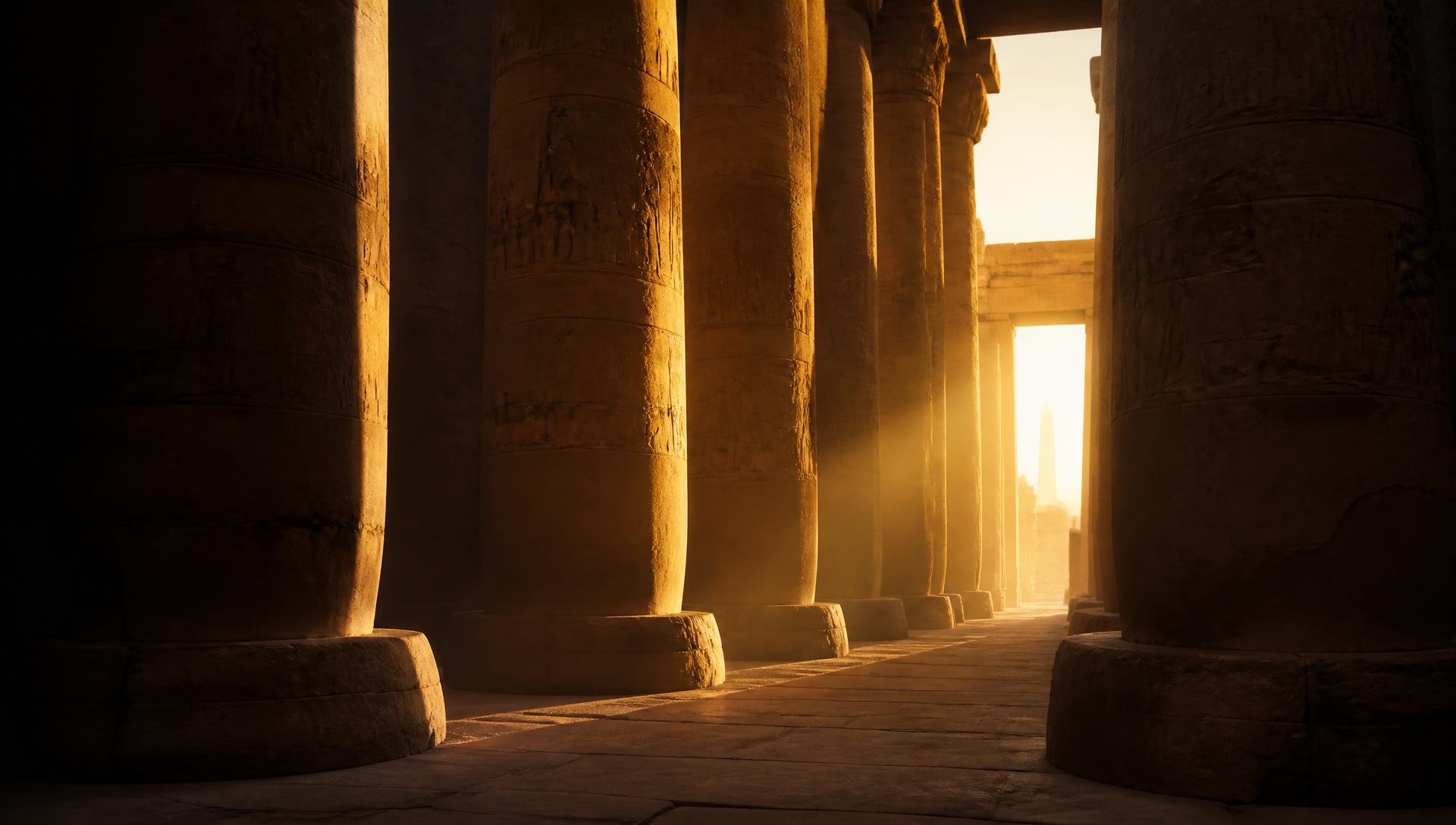 The hypostyle hall of Ipet-Isut (Karnak) at dawn, light passing between the columns